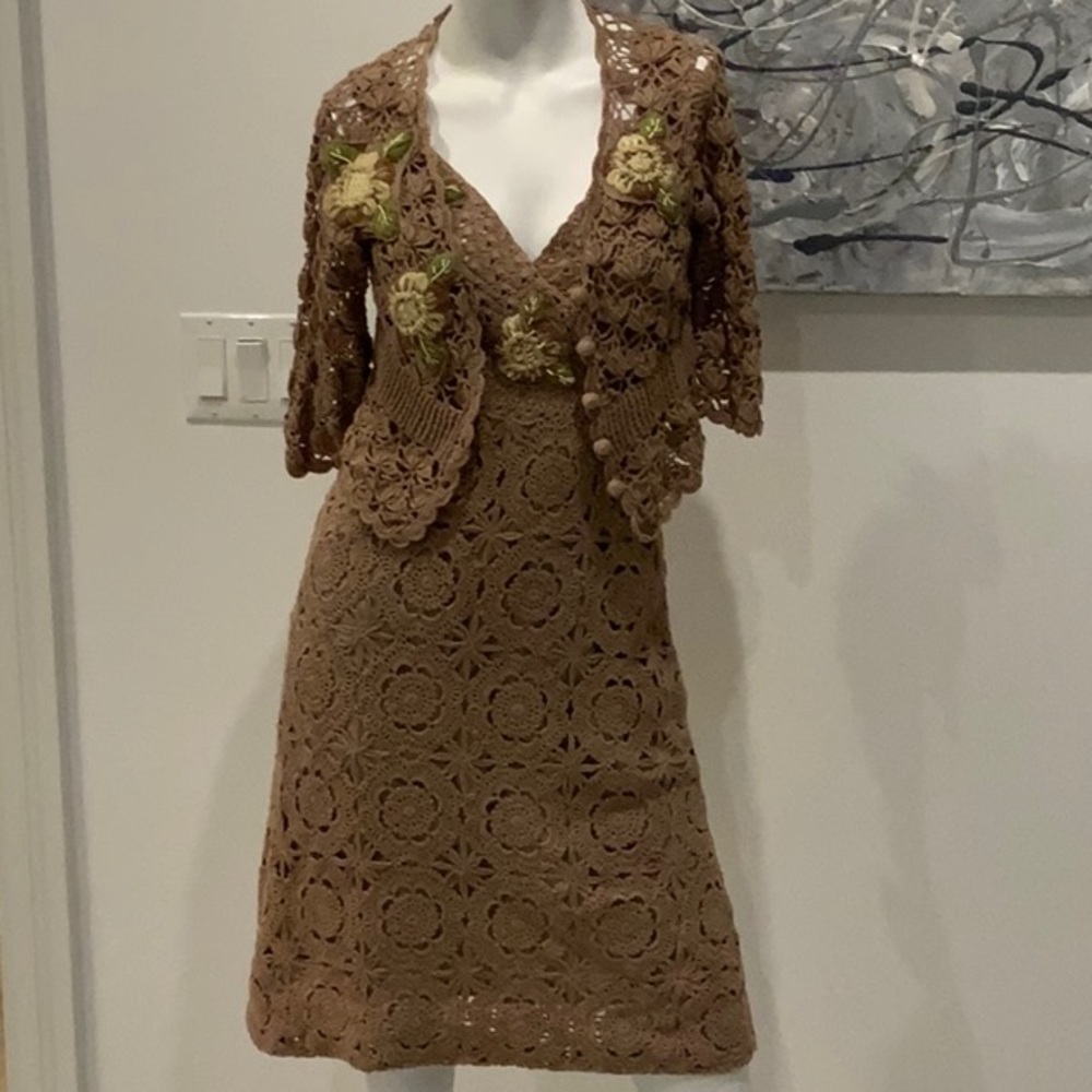 Johnny Was Brown Crochet Dress & Matching Shrug Flower Embroidered Beaded Small